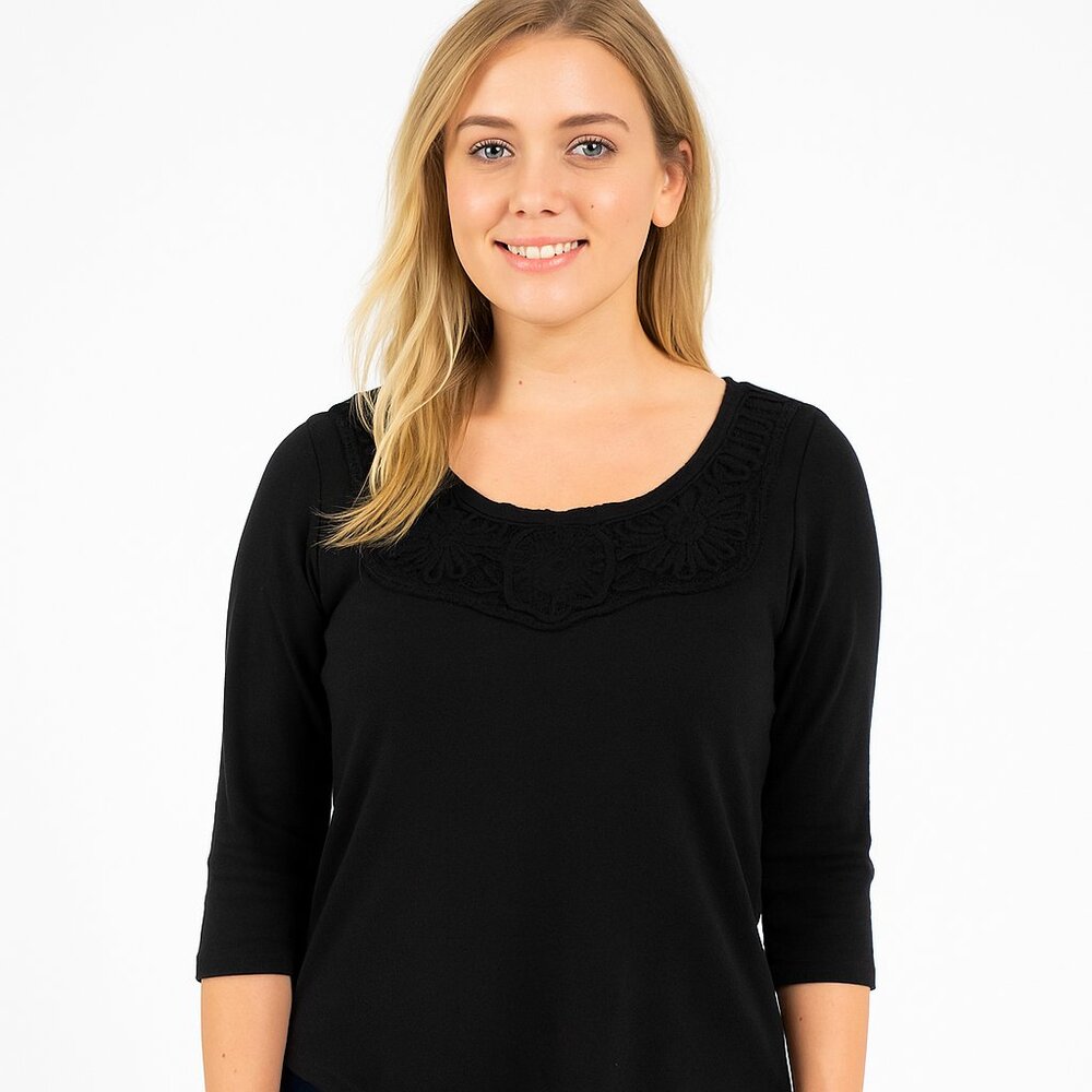 Coldwater Creek Womens M 10-12 Sweater Black 3/4 Sleeve‎ Embellished Cotton
